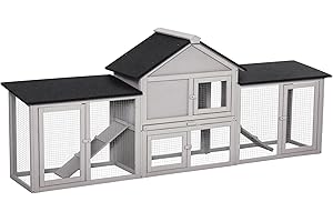 PawHut 83" L Outdoor Rabbit Hutch with Double Runs, Large Guinea Pig Cage Indoor, Wooden Bunny Hutch with Weatherproof Roof, 