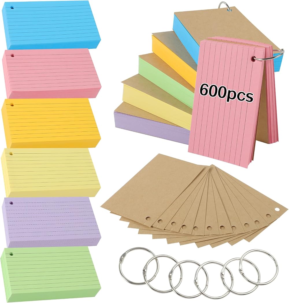Thboxes 600 Pcs Multicolor Flash Cards 4.9 x 2.9 Inch with 6 Binder Rings