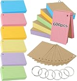 Thboxes 600 Pcs Multicolor Flash Cards 4.9 x 2.9 Inch with 6 Binder Rings
