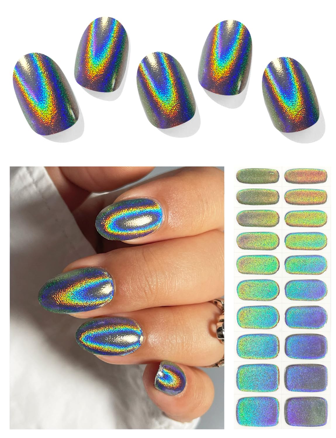 AutyaMee Semi Cured Gel Nail Strips (Glitter Rainbow), Holographic, 20 Pcs Gel Nail Wraps, Stickers, UV Light Required, Salon Quality, Long Lasting