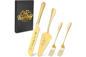 Personalized Wedding Cake Knife and Server Set, Wedding Gold Cake Cutting Set with Stainless Steel Forks, Customized Bridal A