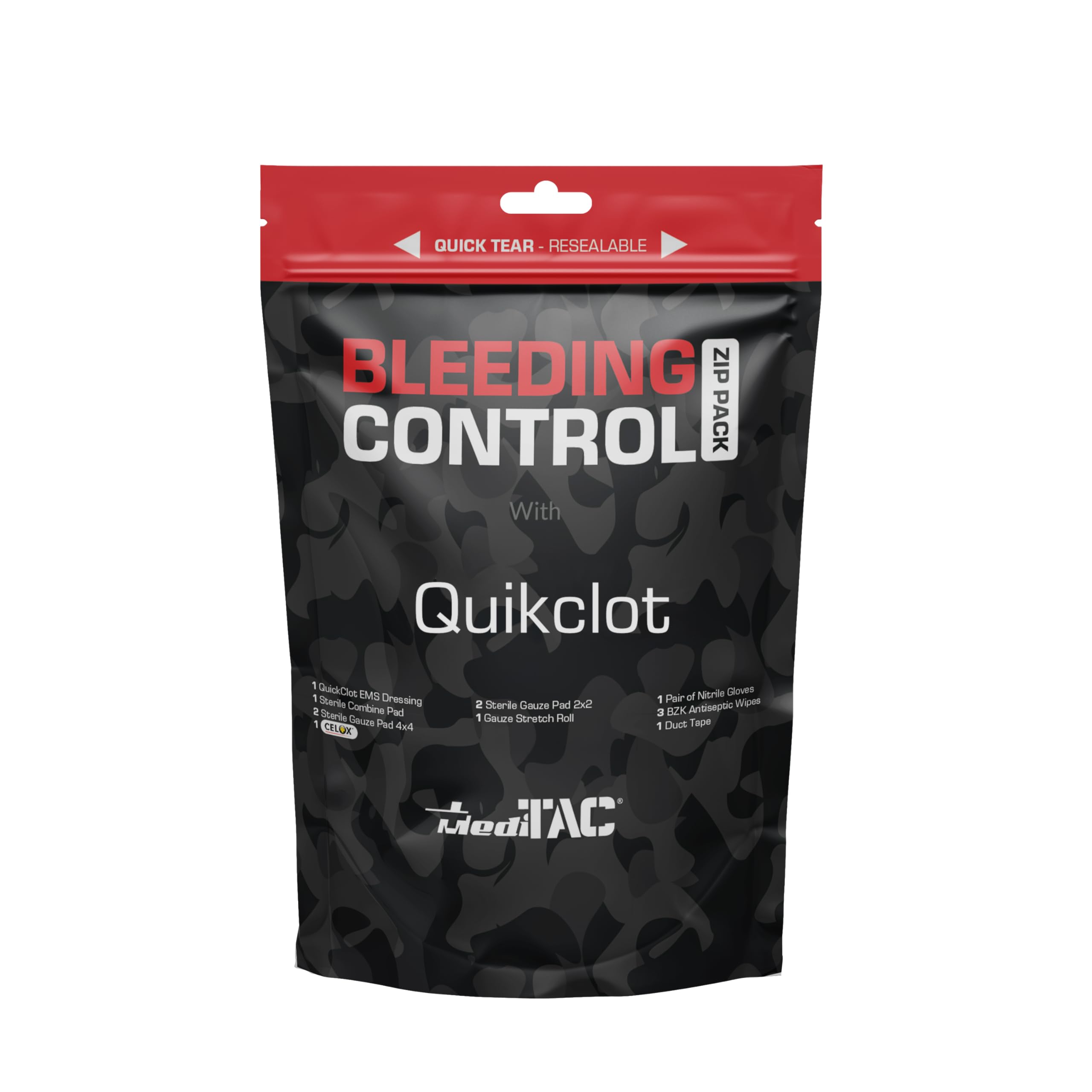 Bleeding Control Zip Pack with QuikClot, Celox, Gauze Pads, Triangular Bandage, BZK Wipes, Nitrile Gloves, Tape – Trauma First Aid Kit for Emergency Use
