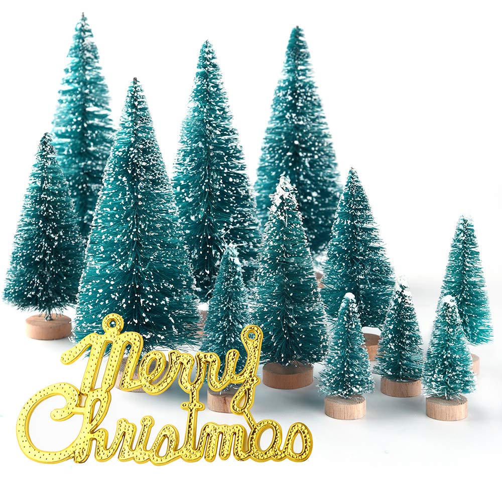 KUUQA 36Pcs Mini Sisal Snow Frost Christmas Trees Bottle Brush Trees Plastic Winter Snow Ornaments Tabletop Trees with Merry Christmas Letters for Xmas Party Diorama Models SMALL SIZE TREES