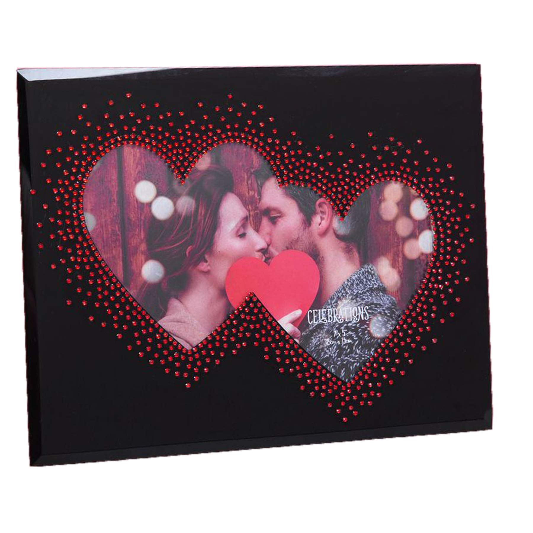 Black Glass 7' x 5' Photo Frame with Red Gem Double Heart