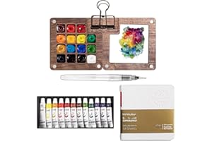 FACDIARY Mini Travel Watercolor Set Pocket Artist Watercolor Travel Set Grid Palette Box Sketch Book Brush Pens with Binder Clips for Painters Artists Students