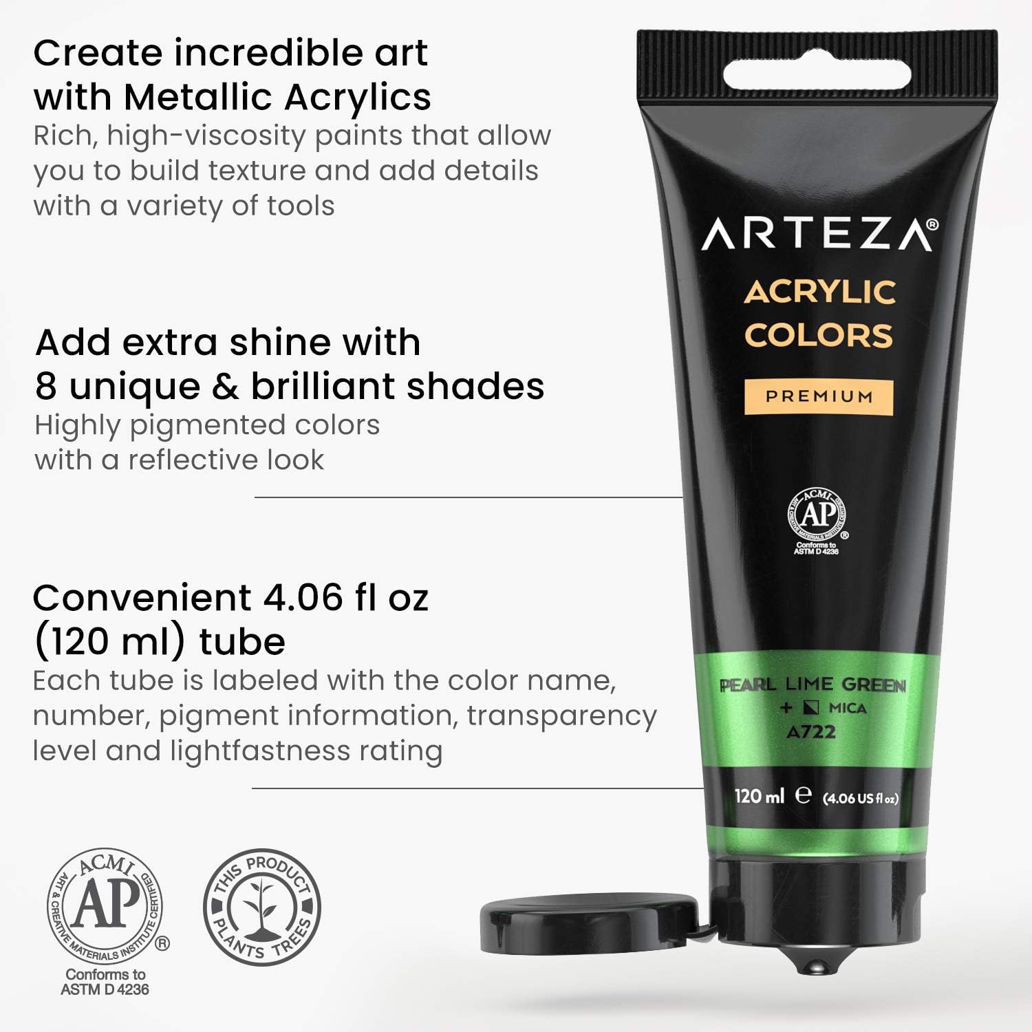 Arteza Metallic Acrylic Paint, Set of 8 Floral Brilliance Colors 4.06oz Tubes, Rich Pigments, Non Fading, Non Toxic Paints for Artists & Hobby Painters, Art Supplies for Canvas Painting & Crafts: Home Improvement