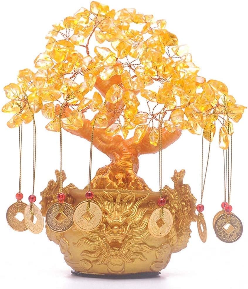 RJJX Home Money Tree Suitable For Desktop Decoration, Citrine Quartz Money Tree Bonsai Style Decoration Chinese Dragon Pot Feng Shui And Wealth (Size : L)