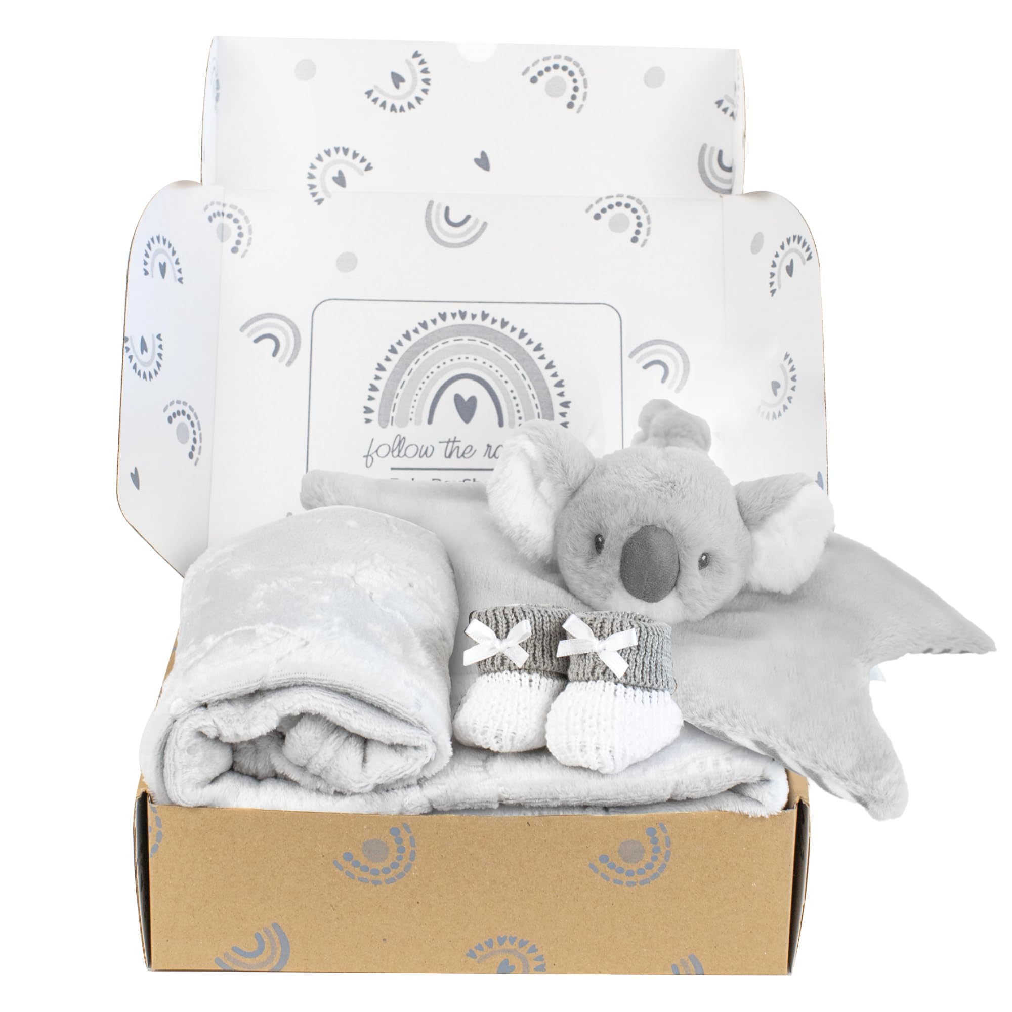 Baby Box Shop - 4 Baby Essentials for Newborn Unisex, Ideal as Baby Shower Gifts & Christening Gifts, Includes a Koala Baby Comforter, Grey Fleece Baby Blanket and Grey & White Cotton Booties