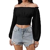 MakeMeChic Women's Crop Tops Renaissance Costume Corset Pirate Top Long Sleeve Shirts Off The Shoulder Ruched Blouse