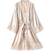 Women Lace Trim Robe Short Kimono Gown Silky Bathrobe for Bride Bridesmaid Nightgown