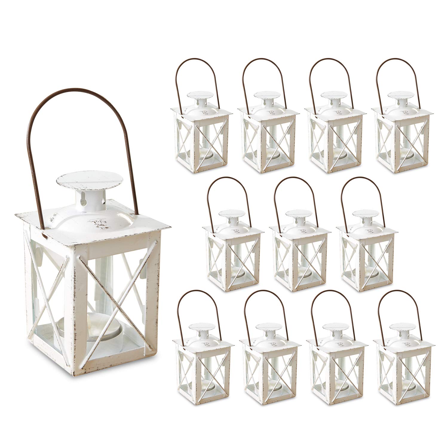 Kate Aspen Decorative Lanterns - Set of 12 - Luminous Distressed Metal Lantern Candle Holders for Wedding, Home Decor and Party - 4.5" H (6.5" H with Handle) – White