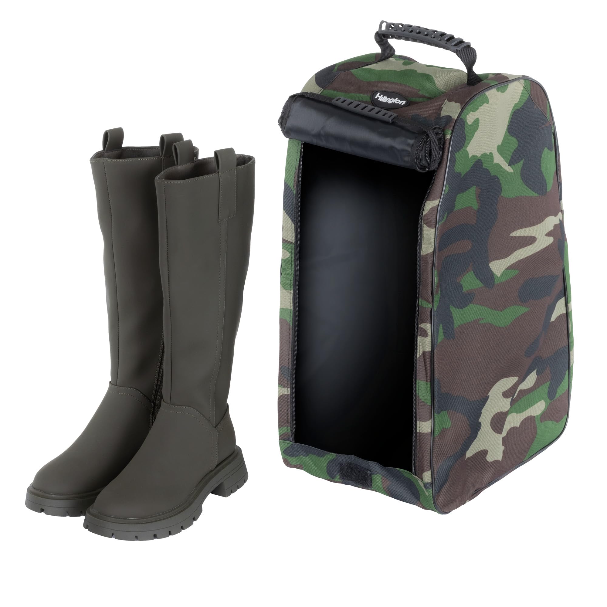 Fineway Wellington Boot Bag - Waterproof and Durable Welly Boot Bag with Full Length Reinforced Zip, Base Mesh, Vent, Carry Handle -Travel Hiking Shoe Bag - Folds Flat for Easy Storage - Camouflage
