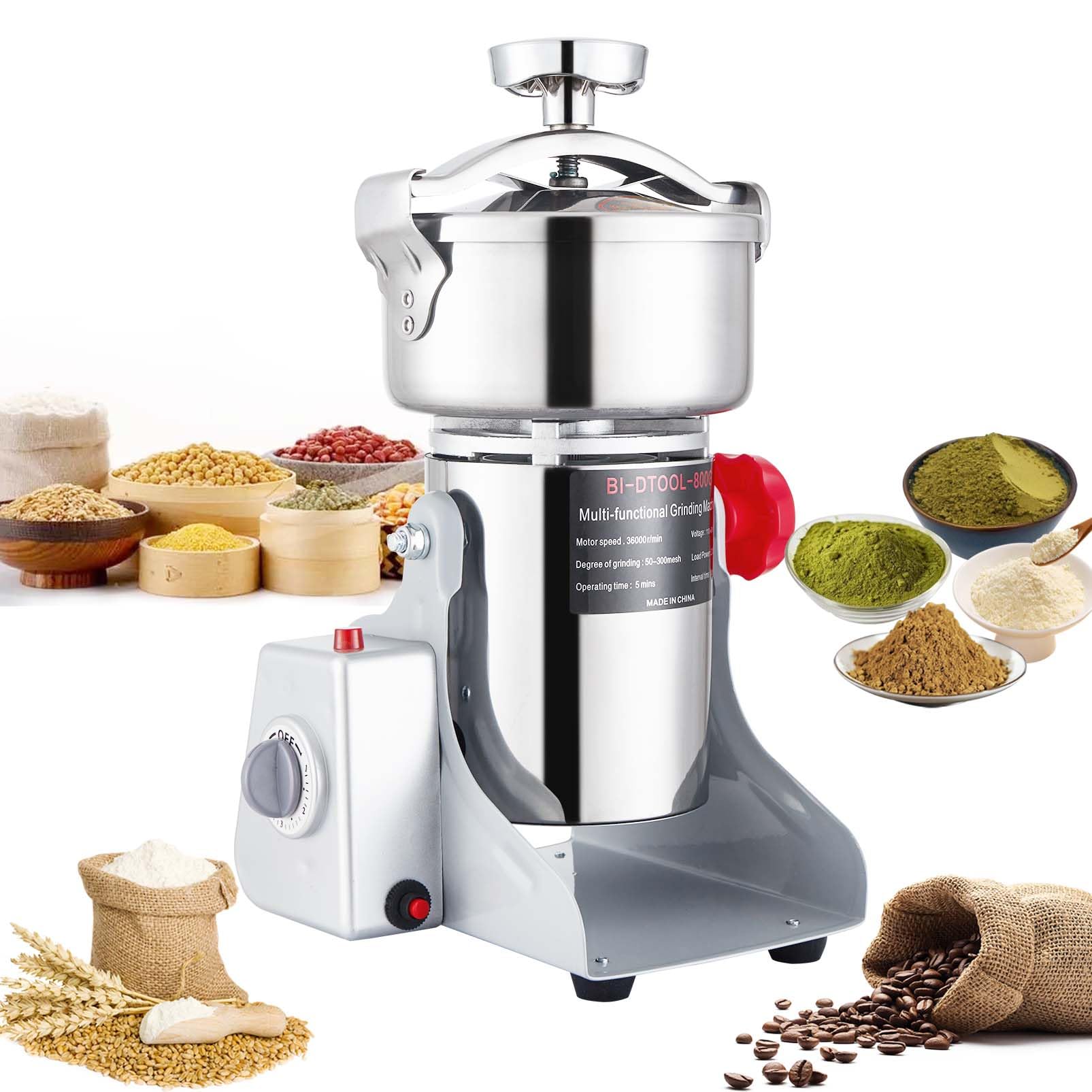 Photo 1 of BI-DTOOL Electric Grain Mill Grinder 2000W Dry Material Grinding Machine 800g Stainless Steel Pulverizer 36000r/min High-speed Grain Mill 270° swingable Superfine powder for Home and Commercial 800g