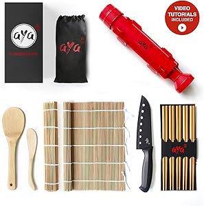 Sushi Making Kit - Original AYA Bazooka Kit - Sushi Knife - Video Tutorials - Sushi Maker - 2 Bamboo Mats - Paddle Spreader - 5 x Chopsticks