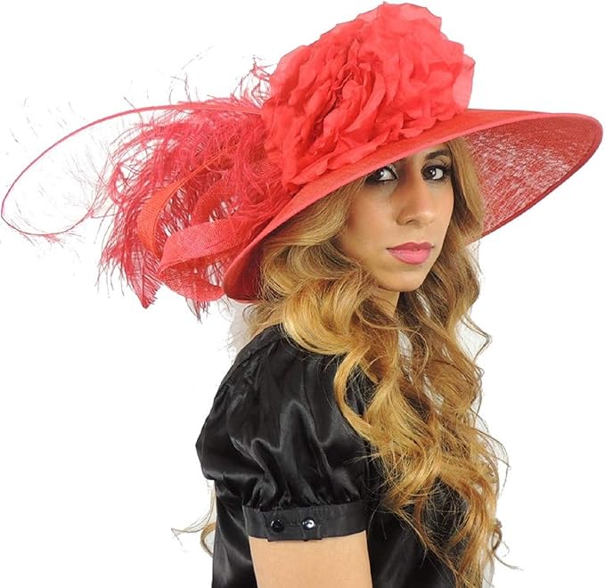 Hats By Cressida Womens Occasion Red Hat with Flower and Feathers Ascot