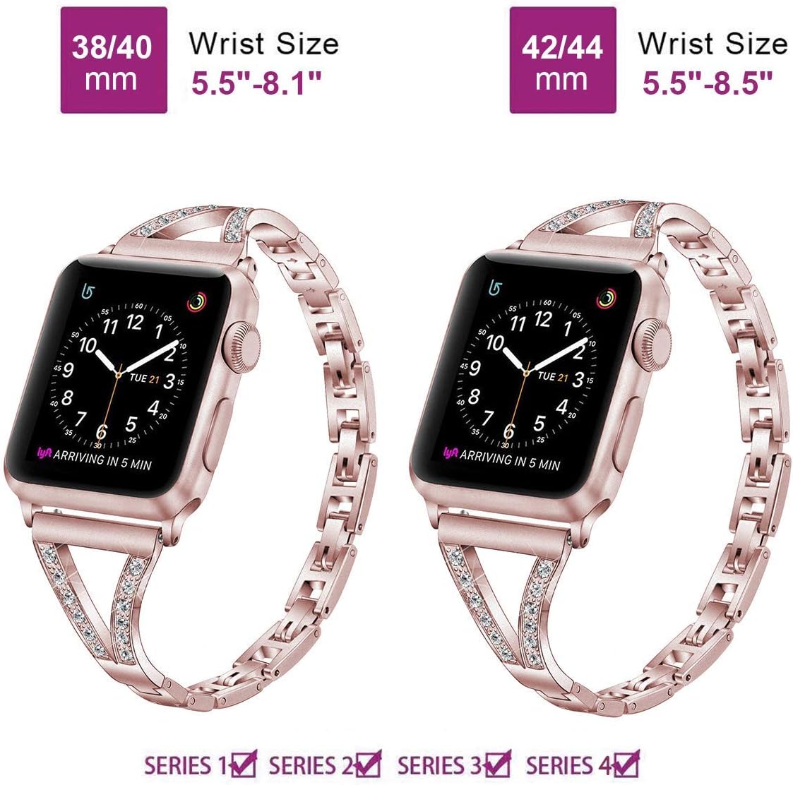 PUGO TOP Strap Replacement for Apple Watch Series 7 Series 6 5 4 SE iWatch Series 3 2 1 42mm, Adjustable Bling Metal Band with Rhinestones for Apple Watch (42mm/44mm/45mm, Rose Gold(for series 1&2)) - Image 4