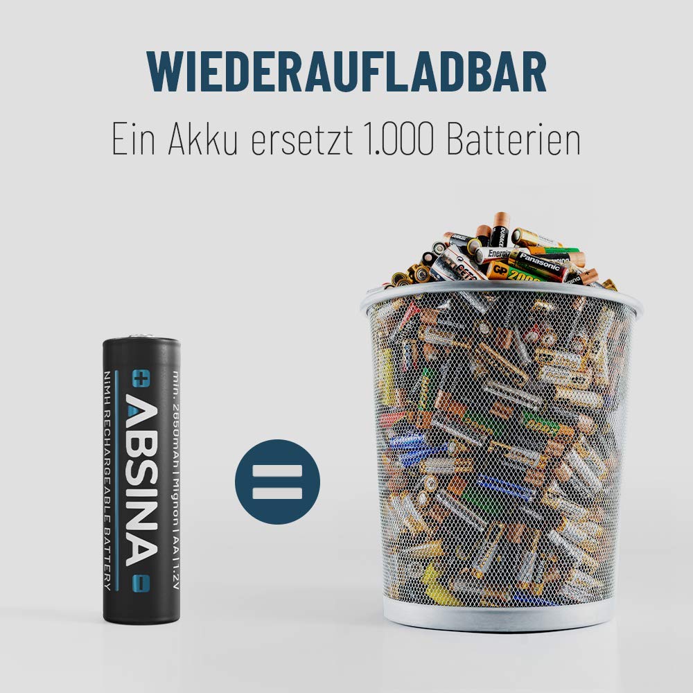 ABSINA Akku AA wiederaufladbar 2900 NiMH mit 1,2V & min. 2650mAh 7
