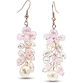 AeraVida Charming Pink Crystal Cluster and Cultured Freshwater Pearl Sterling Silver Dangle Earrings | Handmade Fashion Drop Earrings for Women | Sparkling Crystal and Pearl Jewelry Gift