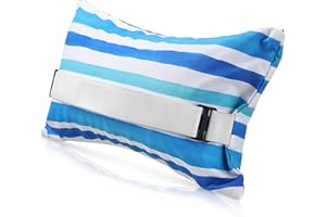 Menkxi 17"x10" Inflatable Beach Pillow with Removable Cover, Beach Chair Backpacking Pillow with Strap Stripe for Summer Sand Pools Travel Vacations(Blue White)