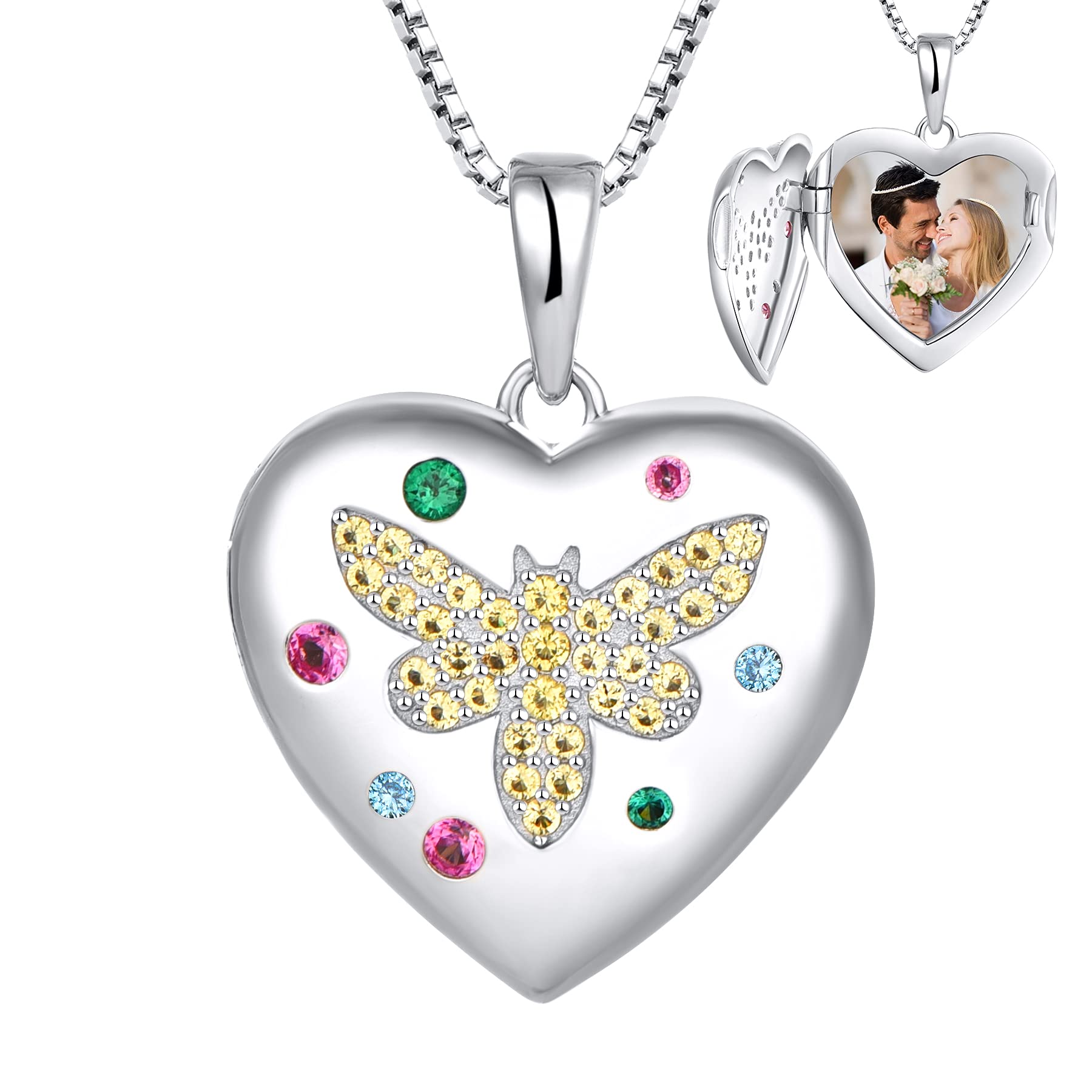 FJ Heart Bee Photo Locket Necklace 925 Sterling Silver Honeybee Bumble Bee Pendant Necklace that Holds Pictures for Memory Jewellery Gifts for Women Girls