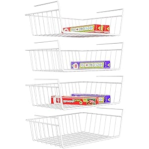 Under Shelf Basket, iSPECLE 4 Pack White Wire Rack, Slides Under Shelves For Storage, Easy to Install