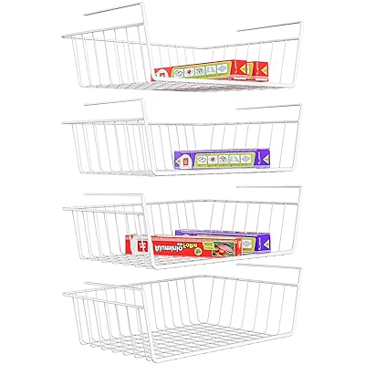 Under Shelf Basket, iSPECLE 4 Pack White Wire Rack, Wire Basket Under Shelf for Storage, Easy to Install