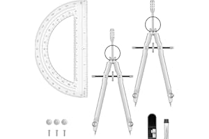 SKRFREN Compass and Protractor Set, 2 Drawing Compass and 6 Inch Swing Arm Protractor 180 Degree Math Protractors, Metal Compasss Without Extra Refills Geometry Tools Set for Geometry (Silver)