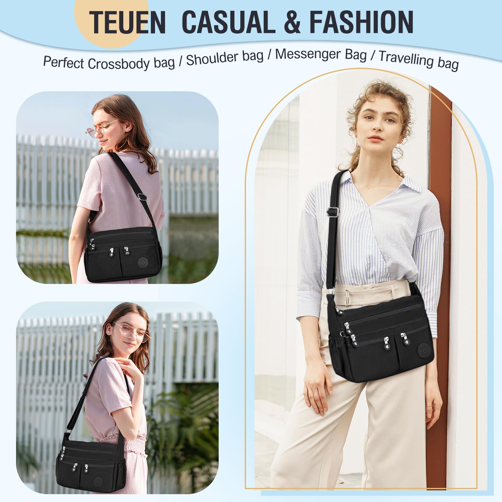 TEUEN Crossbody Bag Women's Large Capacity Waterproof Nylon Shoulder Bag Women's Medium Casual Handbag & Lightweight Shoulder Bag Large Messenger Bag with Many Compartments, black, Minimal