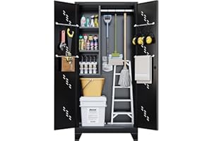 OSEILLC Metal Storage Cabinet with Lock Door, 75" Tall Garage Storage Cabinet with Hanging Rod, Broom Closet Bathroom Storage