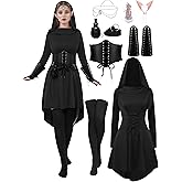 AOTHSO 10 Pcs Women Medieval Renaissance Halloween Fairy Costumes Set Medieval Hooded Robe Elf Accessories Cosplay
