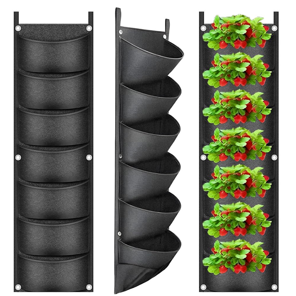 Lotvic 2 Pack Hanging Plant Grow Bags, 7 Pocket Hanging Wall Planter, Fence Wall Planters for Outdoor Plants, Vertical Hanging Planter for Vegetable Strawberry Yard Garden Home Decoration (2 Pcs)