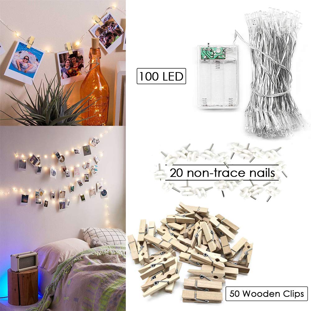 Amteker LED Photo Clip String Lights - 10M 100LED String Lights with 50 Pcs Photo Clips Hanging Photo Frames Light for Home, Wall, Christmas, Party, Bedroom Decorations (with 50 Clip & 20 Nails)