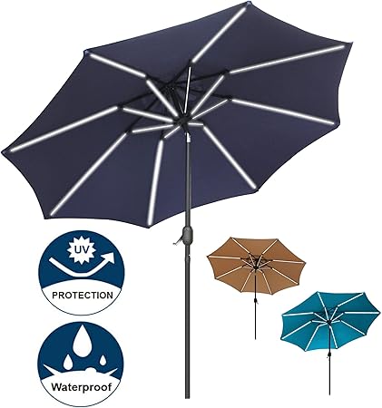 Amazon Com Sfozstra 9 Ft Solar Powered Led Lighted Umbrella Patio Umbrella Table Market Umbrella With Push Button Tilt Crank Outdoor Market Umbrella Garden Umbrella 16 Led Tubes Navy Blue Garden