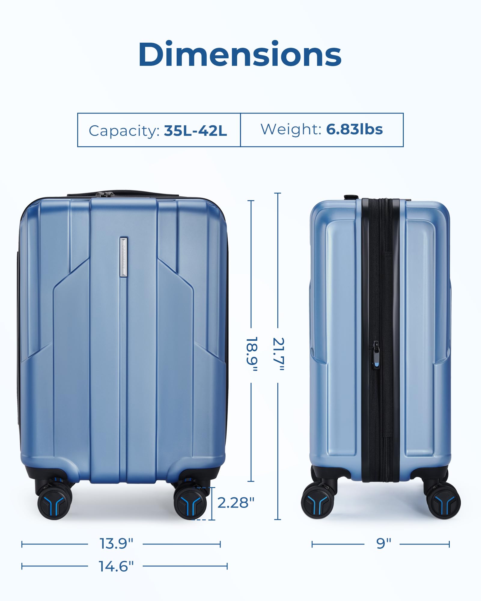 BAGSMART Carry On Luggage 22x14x9 Airline Approved, 1OO% PC Hardside Expandable Luggage with TSA Lock, 20 Inch Travel Suitcase with Spinner Wheels, Blue