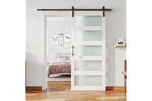 ALAMEDADT 36'' x 84'' Glass Barn Door and 6.6 Ft Hardware Kit Included, MDF White Barn Door Slab with Frosted Glass, PVC Surface, Combined with Handle and Floor Guide-Assembly Required, White