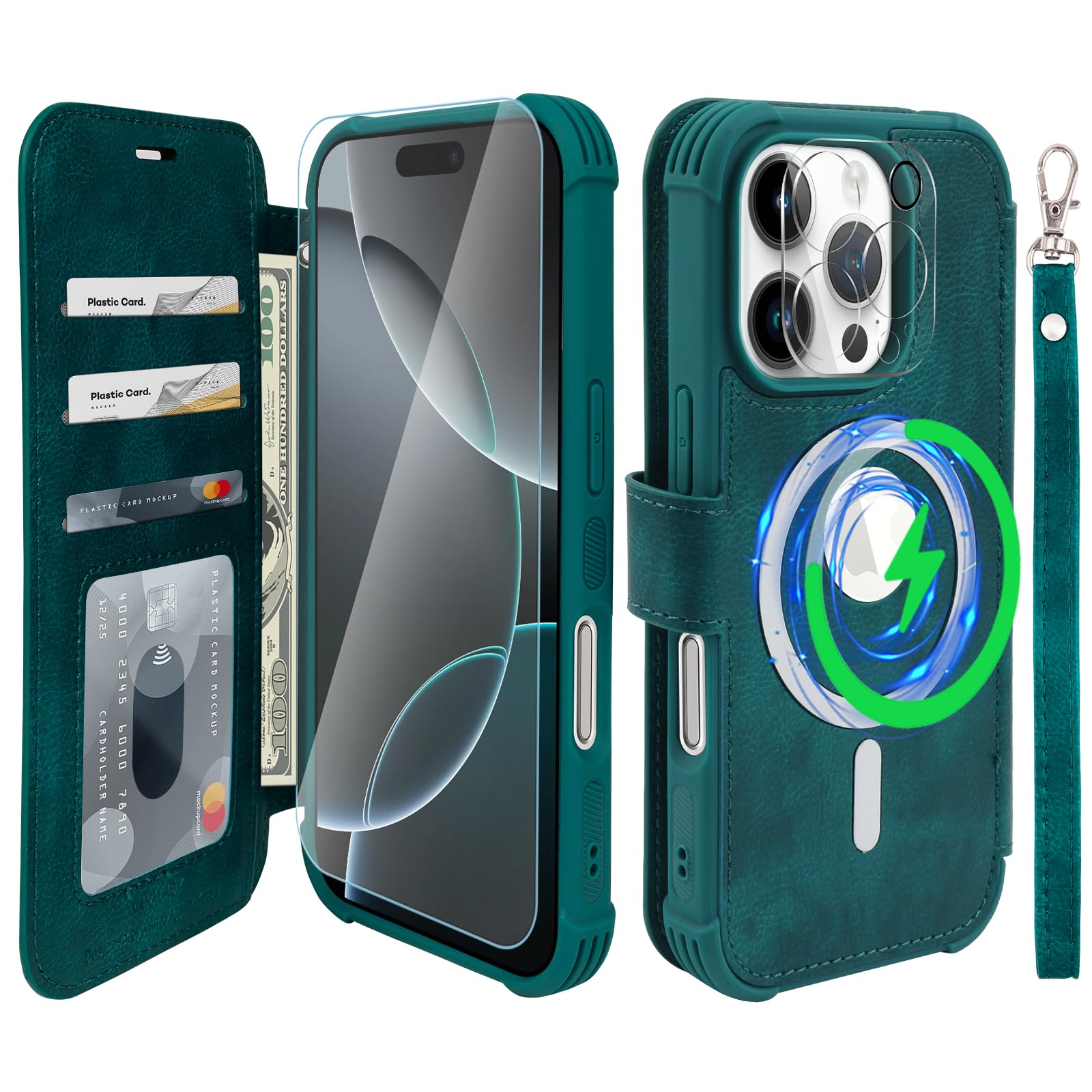 VANAVAGY Compatible for iPhone 16 Pro Wallet Case for Magsafe Wireless Charging,Leather Flip Folio Wrist [Glass Screen Protectors and Camera Lens Protectors]with RFID Block Card Holder,Midnight Green