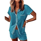 Ekouaer Womens Pajama Sets Button Down Lounge Set 2 Piece Loungewear Soft Sleepwear Short Sleeve Pjs with Pockets