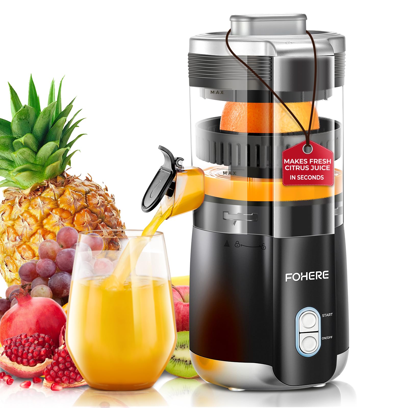 Photo 1 of FOHERE Citrus Juicer Electric, Hand-Free Orange Juicer Machine with 2 Interchangeable Cones, Automatic Juice Squeezer for Orange, Lemon, Grape, Pomegranate, Cleaning Brush Included