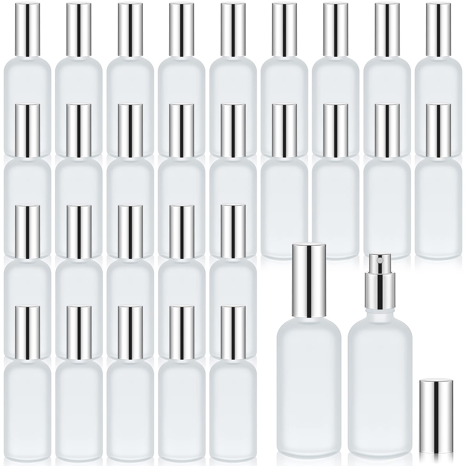 Photo 1 of Roshtia 30 Pcs 3.4 oz/ 100 ml Silver Glass Spray Bottle Refillable Perfume Atomizer Clear Decorative Empty Bottles with Fine Mist Sprayer Pump for Face Body Travel