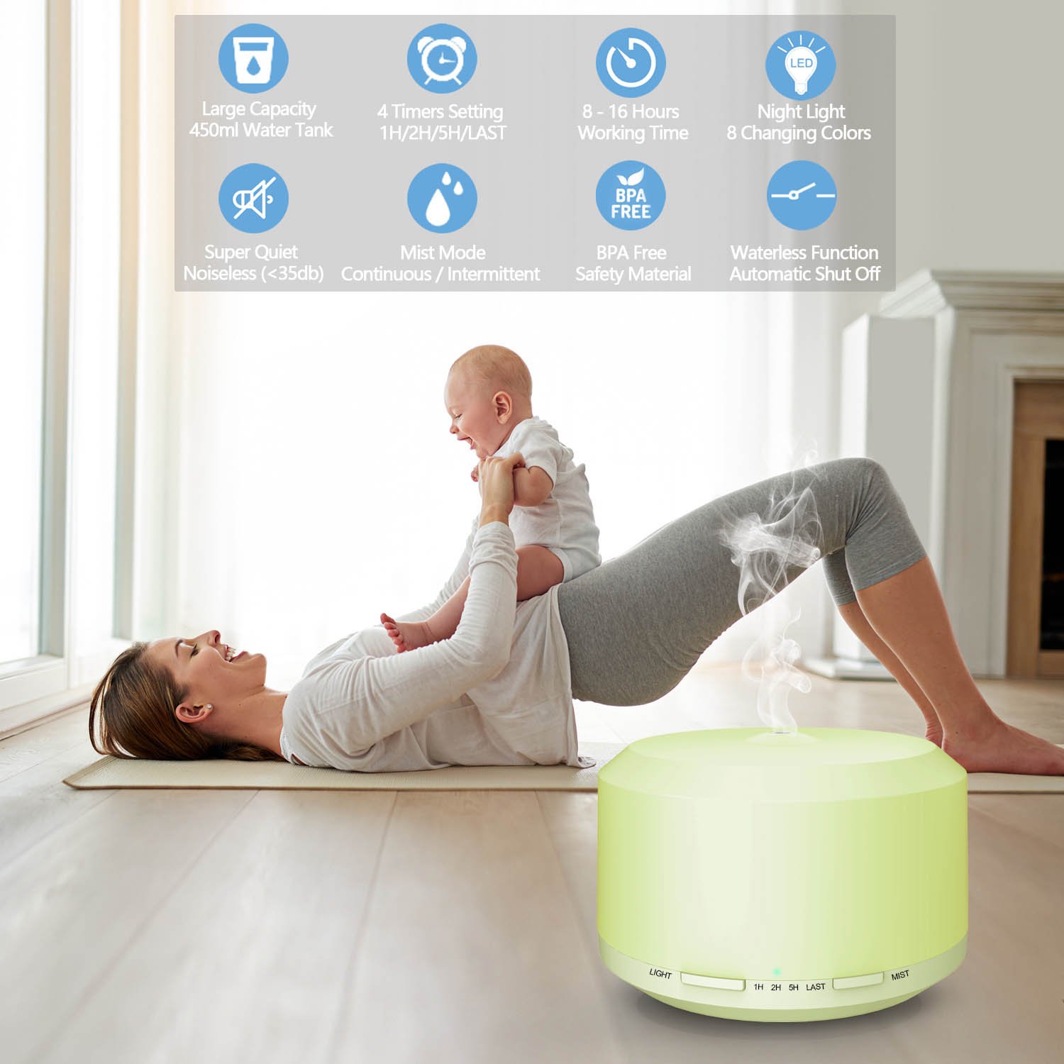 Aromatherapy Diffusers for Essential Oils, 450ml Essential Oil Diffuser and Humidifiers for Large Room with Adjustable Mist Mode, 4 Timer Settings, 8 Colors Light - LUSCREAL