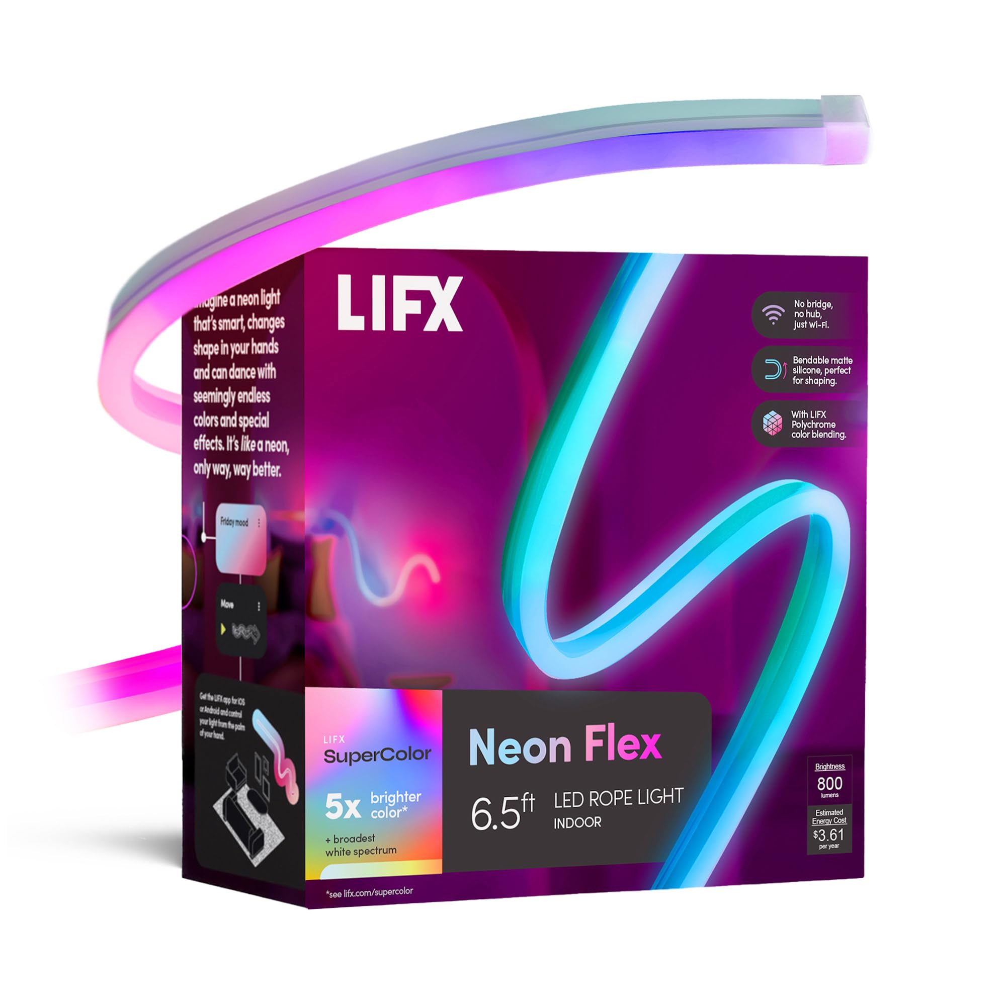 Photo 1 of LIFX Neon Flex SuperColor LED Strip Light, 6.5ft Bendable Silicone Neon Rope with Polychrome 24-Zone RGBW Smart Lighting, Wi-Fi, Voice Control, No Hub Required, LFXNEON6.5