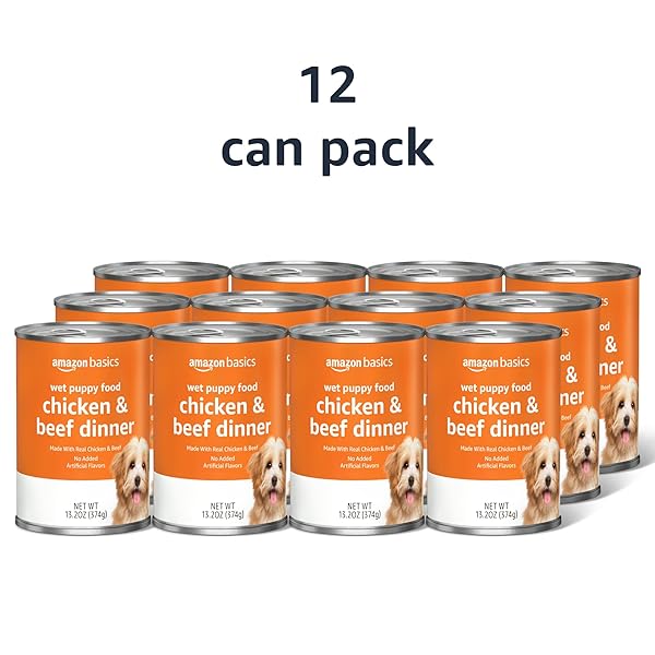 AMAZON BASICS PUPPY CHOPPED GROUND DINNER CANNED DOG FOOD, WITH CHICKEN & BEEF, 13.2OZ (PACK OF 12)