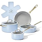 Chef Power Ceramic Cookware Sets, 10Pcs Pots and Pans Set Non Stick, Cookware Set with Stainless Steel Handle, Dishwasher & Oven Safe, Light Blue and Granite Grey