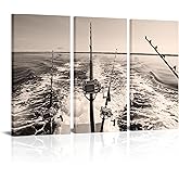 SkenoArt 3 Piece Fishing Canvas Wall Art Fishing Rod Tackle Pictures Ocean Seascape Wall Paintings Retro Beige Artwork for Living Room Bedroom Prints Home Decor Framed