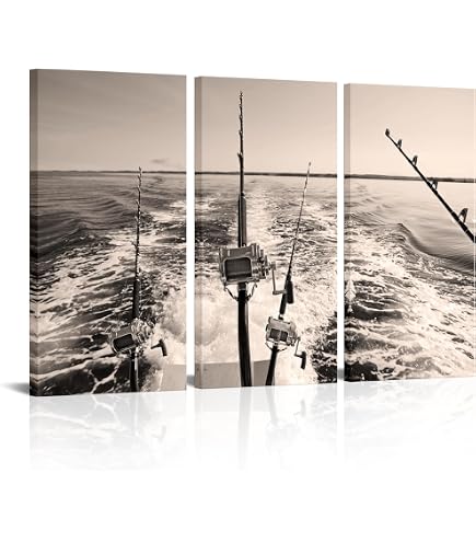 Fishing Rod Pictures for Wall Black and White Artwork 1 Piece Canvas Wall Art Fishing Rod and Reels Pictures Home Decor for Living Room Painting Modern Artwork Framed Stretched Ready to