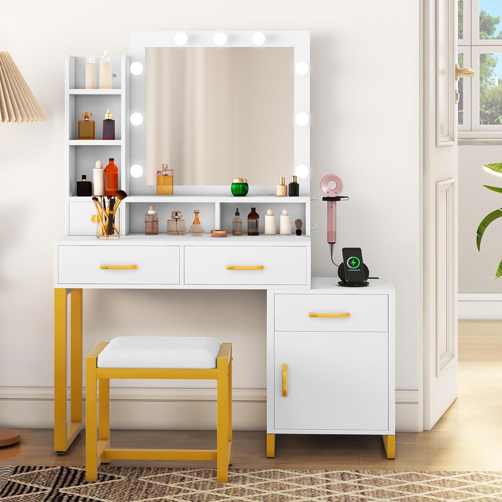 Photo 1 of YITAHOME Makeup Vanity Desk with Mirror and Lights & Charging Station, Vanity Table Set with Chair, Drawers, 3 Lighting Modes Brightness Adjustable, Bedroom