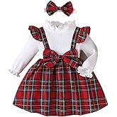 Noubeau Christmas Toddler Girl Plaid Dress Long Sleeve Bow Patchwork Rib Ruffled Shirts Dress Baby Xmas Outfit