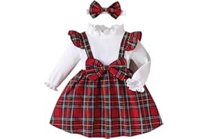 Noubeau Christmas Toddler Girl Plaid Dress Long Sleeve Bow Patchwork Rib Ruffled Shirts Dress Baby Xmas Outfit