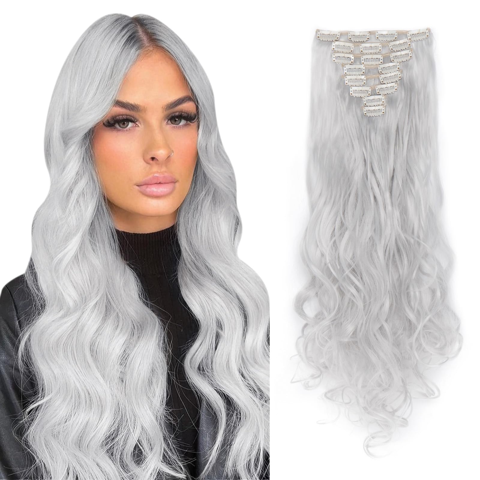 8Pcs 18Clips Full Head Clip in Hair Extensions Long Curly Synthetic Thick Hair Extension Ombre Wavy Hairpiece for Women 24" Silver Gray