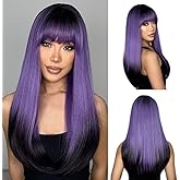 ENTRANCED STYLES Long Straight Purple Wig for Women Purple Black Wigs with Bangs Synthetic Heat Resistant Hair for Halloween Cosplay Party Daily Use 22Inch